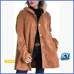 Corduroy Button Down Hooded Jacket Lightweight Casual Trench Coat